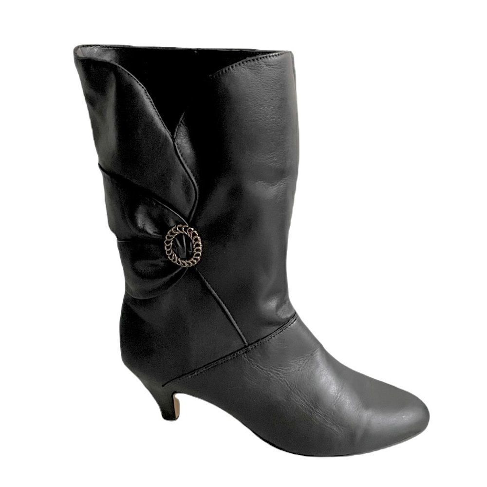 Leather Mid-Calf Fall Winter Sherpa Lined Heeled Boots Black 10